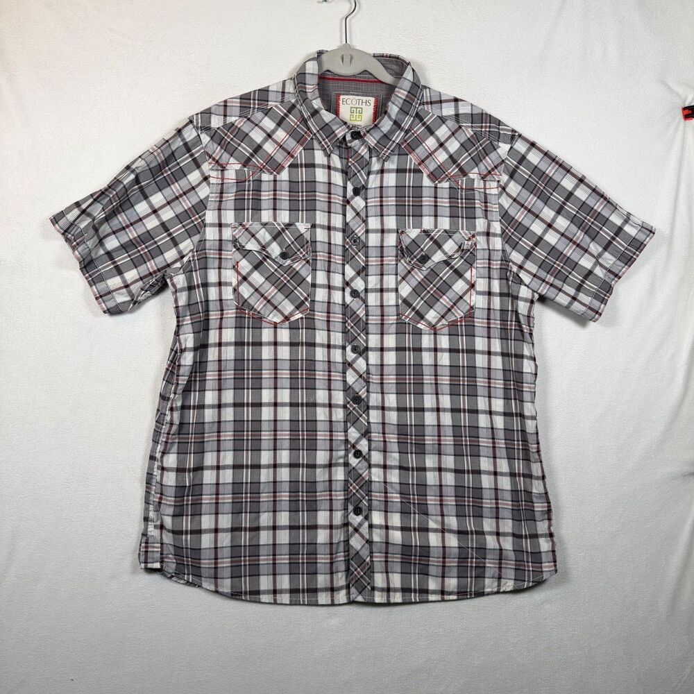 Ecoths Plaid Short Sleeve Button Front Shirt XL Gray Red Organic Cotton Coolmax